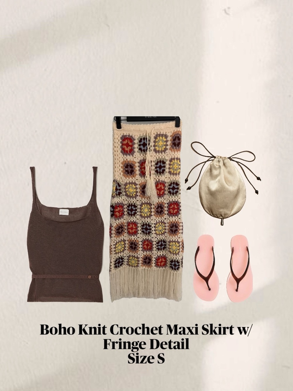 POL Boho Crochet Maxi Skirt in Beige with Multicolor Squares